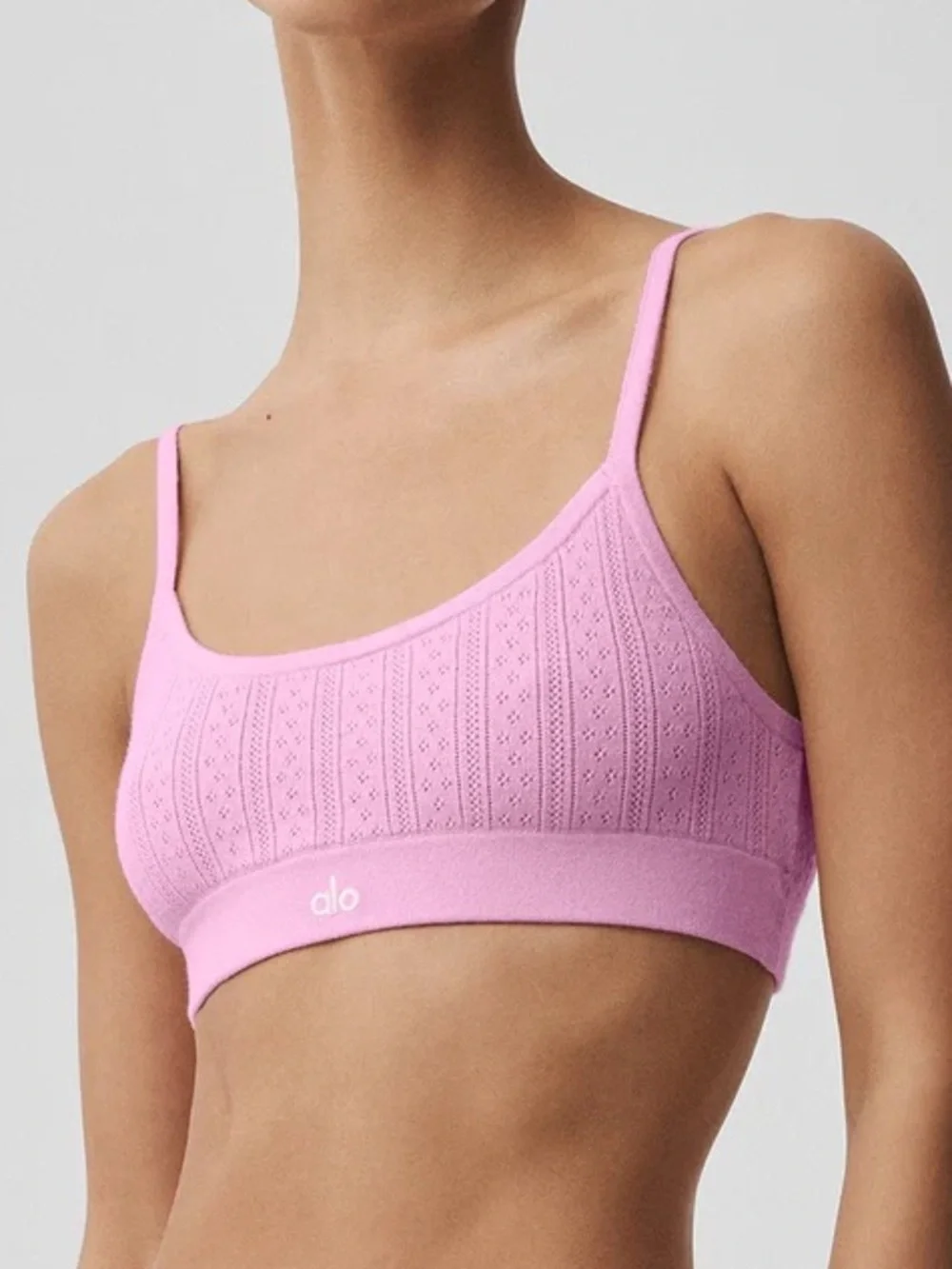 Alo Yoga Pointelle Sweater Be Mine Bra in Candy Heart Pink
